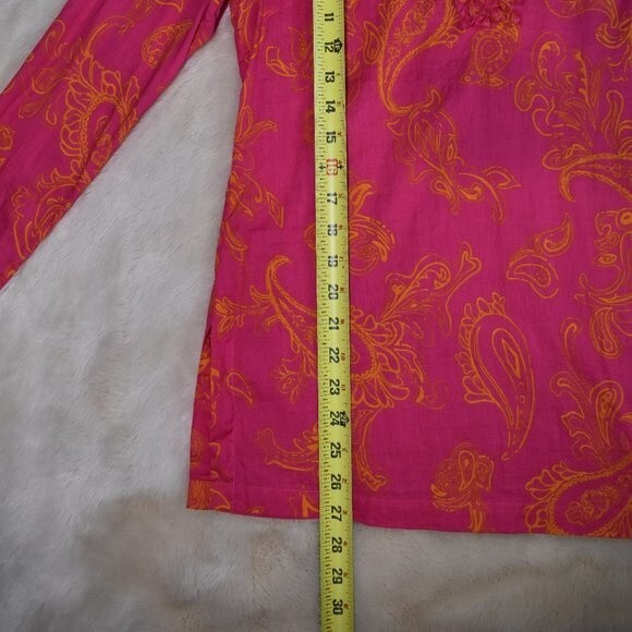 J McLaughlin Hot Pink Paisley Blouse Small V Neck Cotton Boho Tunic Top - Picture 10 of 15